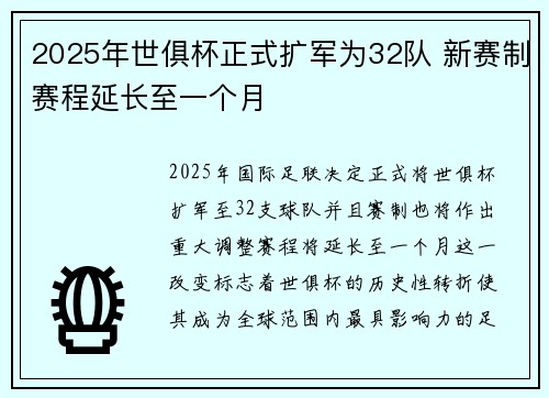 2025年世俱杯正式扩军为32队 新赛制赛程延长至一个月 2025年世俱杯正式扩军为32队 新赛制赛程延长至一个月