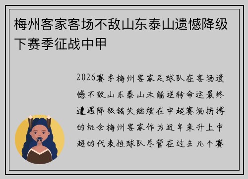 梅州客家客场不敌山东泰山遗憾降级下赛季征战中甲